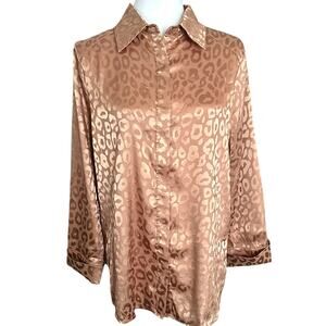 ACOA Women's Top Gold Leopard Print Monochrome Satin Button Up Long Sleeve M